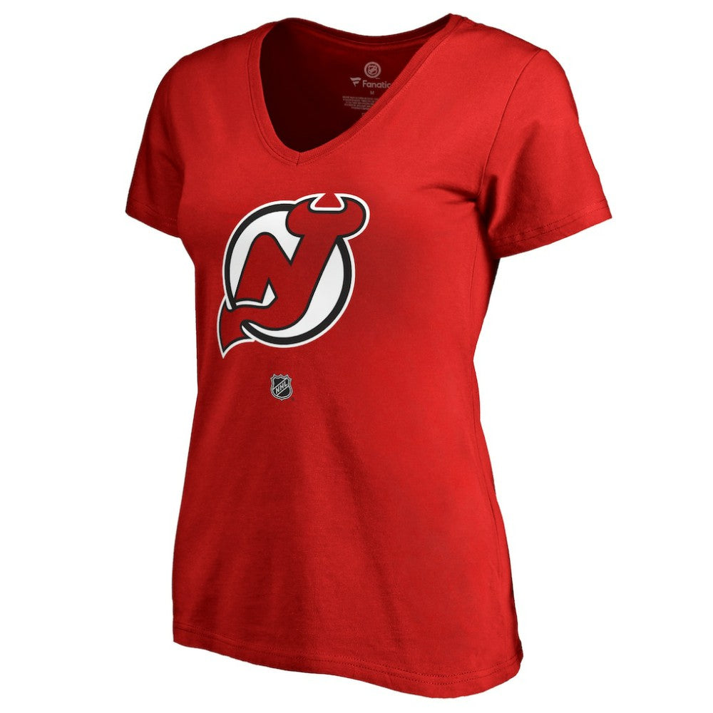 Nico Hischier New Jersey Devils Women's Authentic Stack Name & Number V-Neck T-Shirt Red
