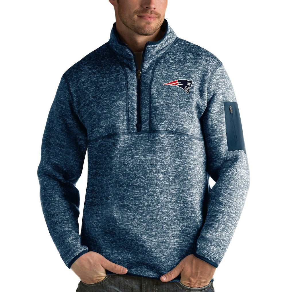 New England Patriots Antigua Fortune Quarter-Zip Pullover Jacket - Heather Navy on sale
