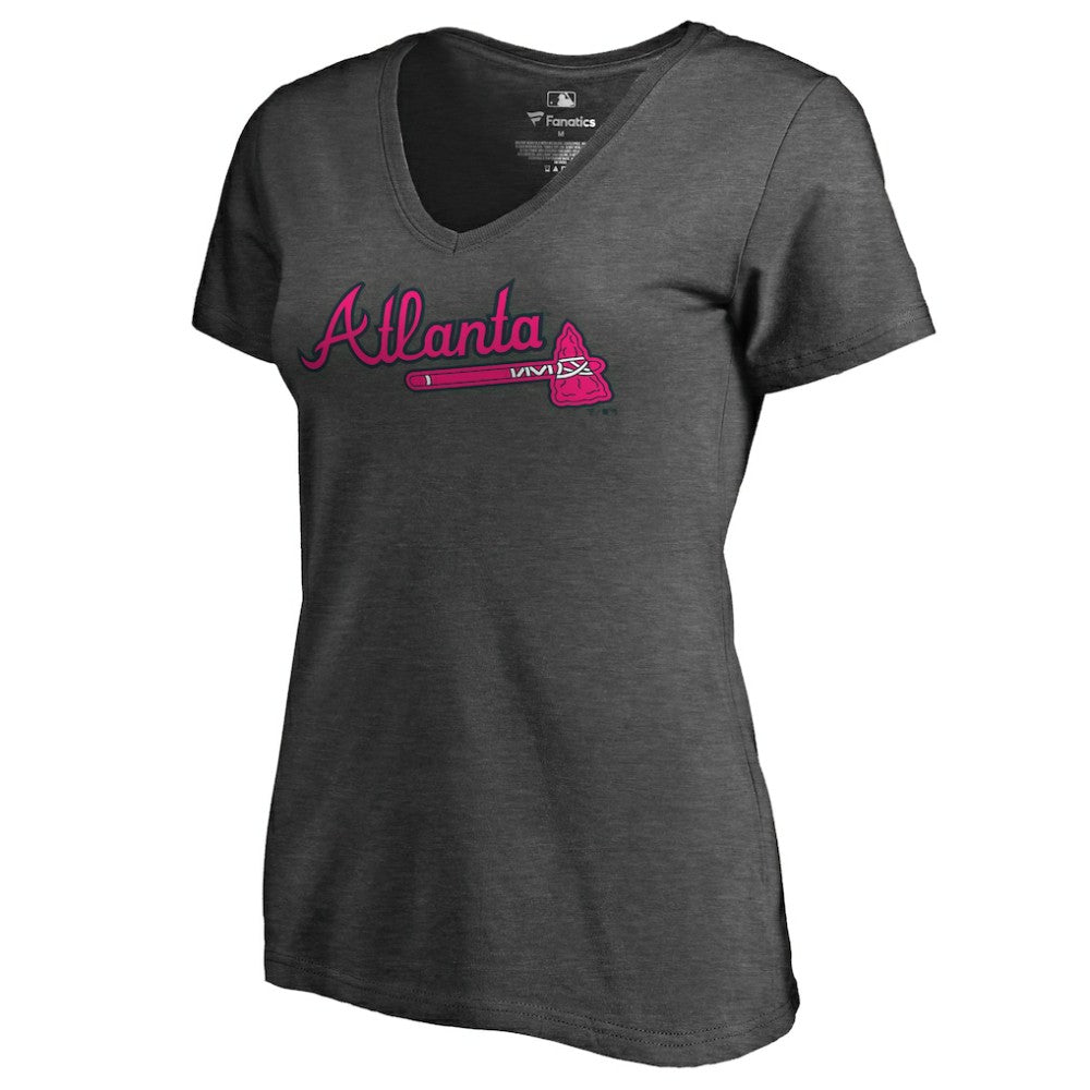 Atlanta Braves Women's Pink Wordmark V-Neck T-Shirt - Heathered Gray