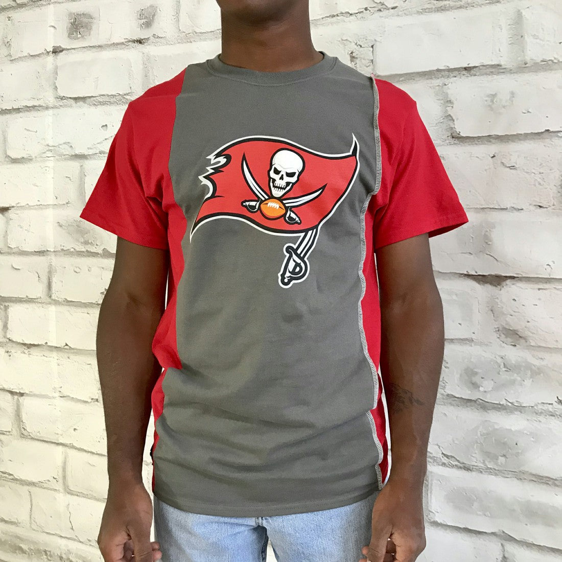 Tampa Bay Buccaneers Refried Apparel Sustainable Upcycled Split T-Shirt - Pewter/Red discount