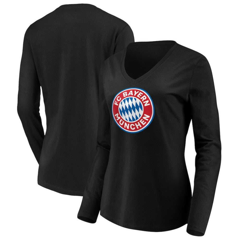 Bayern Munich Women's Logo Long Sleeve V-Neck T-Shirt - Black discount