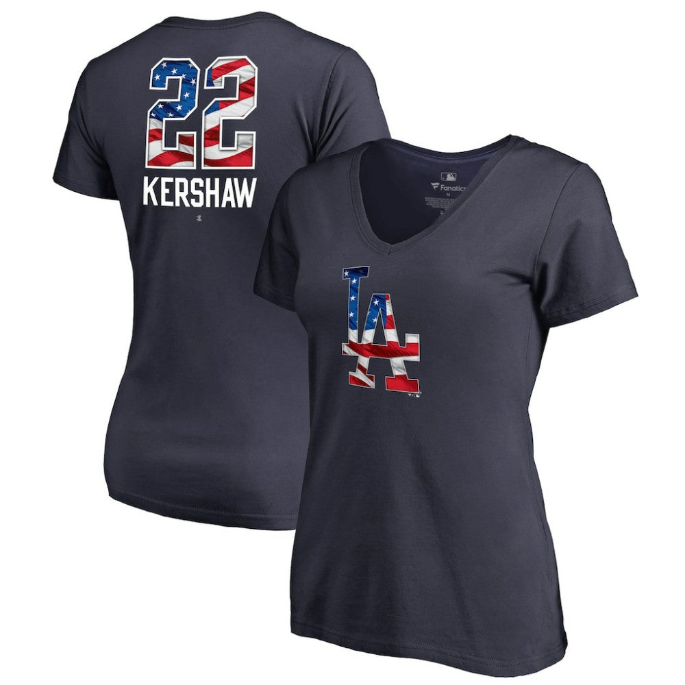 Clayton Kershaw Los Angeles Dodgers Women's Banner Wave Name & Number V-Neck T-Shirt - Navy