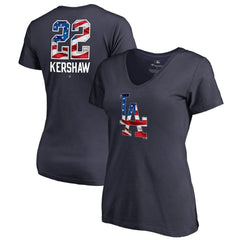 Clayton Kershaw Los Angeles Dodgers Women's Banner Wave Name & Number V-Neck T-Shirt - Navy