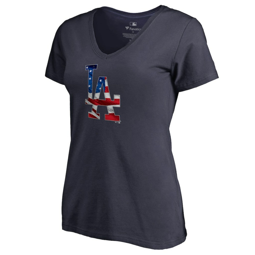 Clayton Kershaw Los Angeles Dodgers Women's Banner Wave Name & Number V-Neck T-Shirt - Navy
