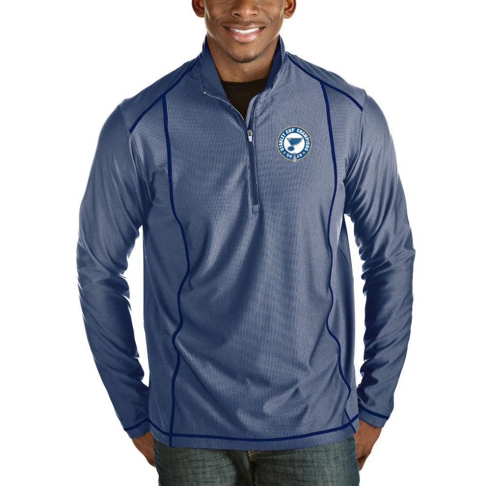 St. Louis Blues Antigua 2019 Stanley Cup Champions Tempo Quarter-Zip Pullover Jacket Royal/Heather Gray