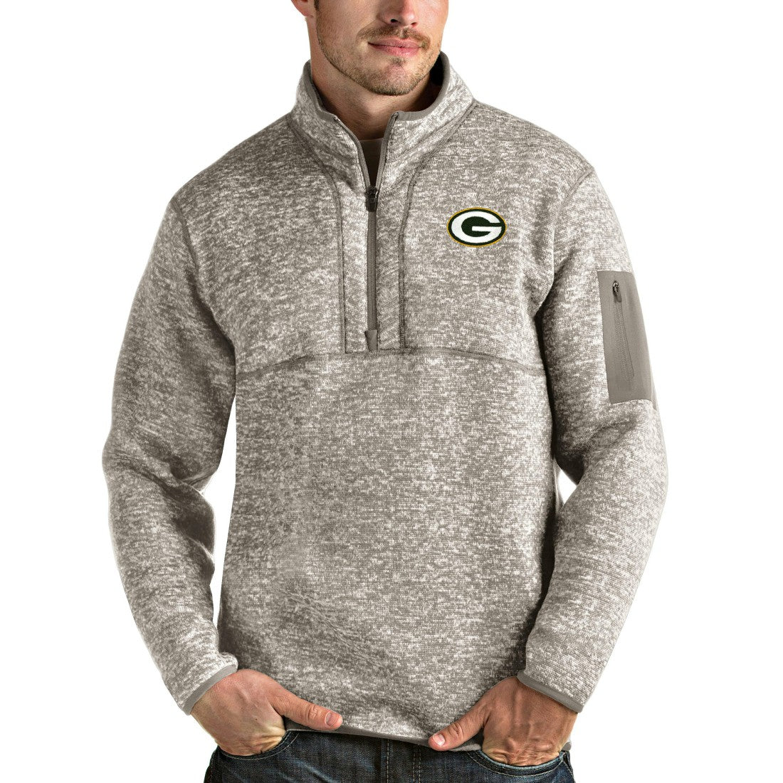 Green Bay Packers Antigua Fortune Quarter-Zip Pullover Jacket - Oatmeal outlet