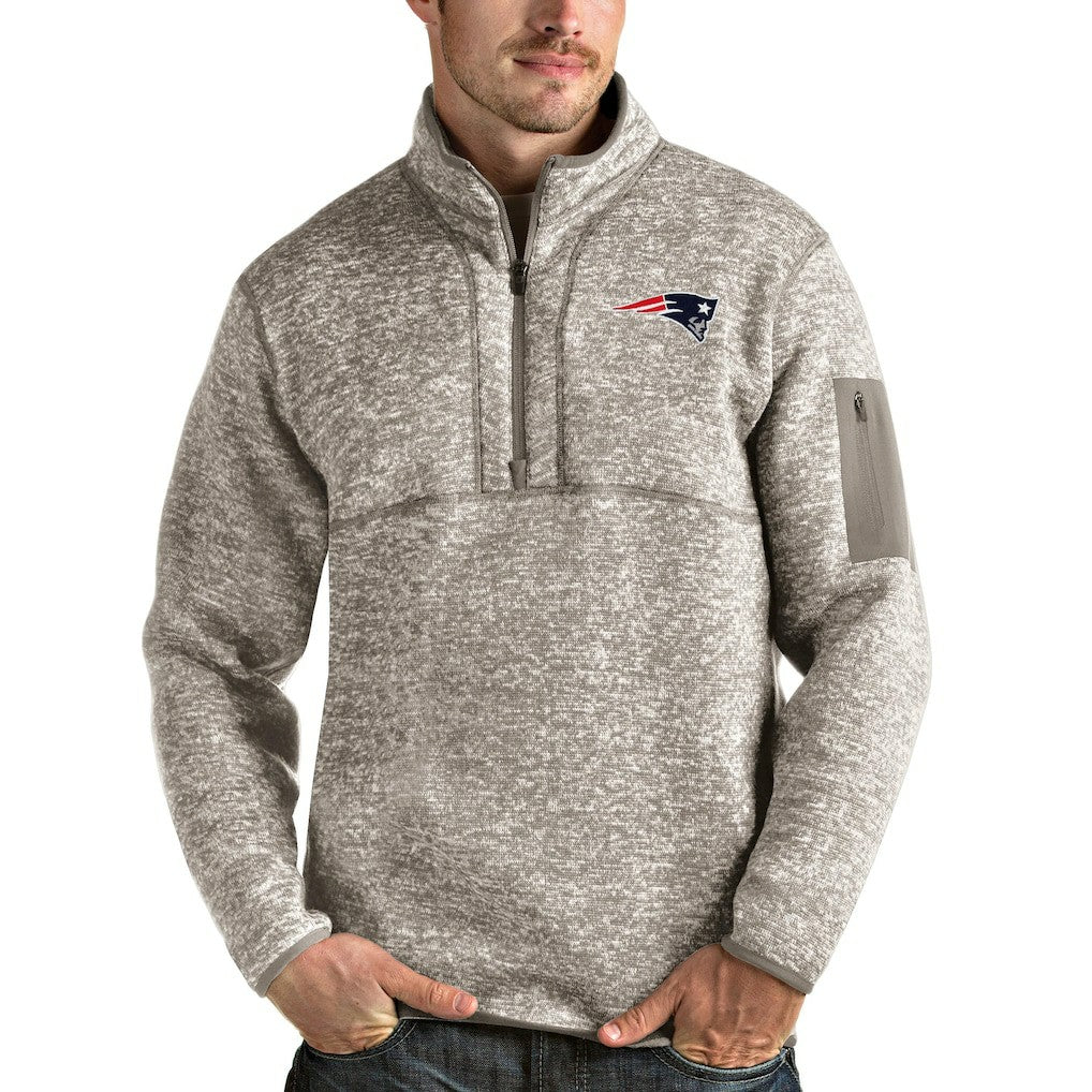 New England Patriots Antigua Fortune Quarter-Zip Pullover Jacket - Oatmeal on sale