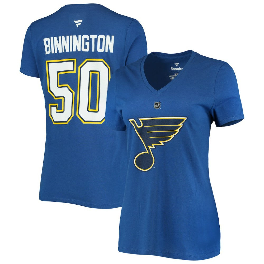 Jordan Binnington St. Louis Blues Fanatics Women's Authentic Stack Name & Number V-Neck T-Shirt Blue