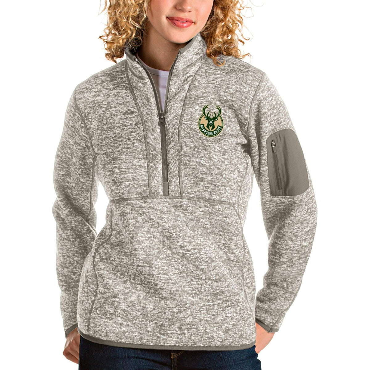 Milwaukee Bucks Antigua Women's Fortune Quarter-Zip Pullover Jacket - Natural shop