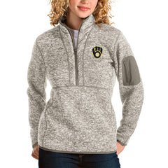 Milwaukee Brewers Antigua Women's Team Fortune Quarter-Zip Pullover Jacket - Oatmeal