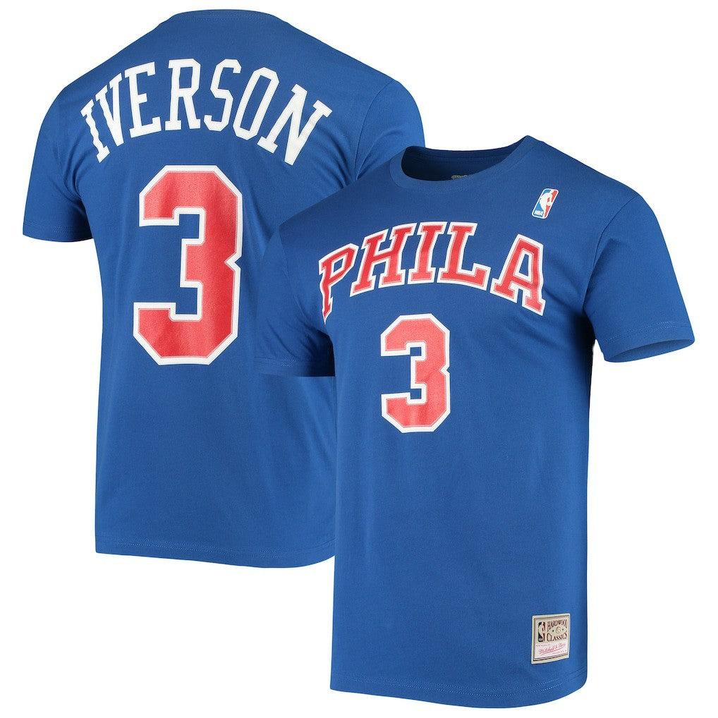 Allen Iverson Philadelphia 76ers Hardwood Classics Name & Number Player T-Shirt - Royal | Mitchell & Ness shop