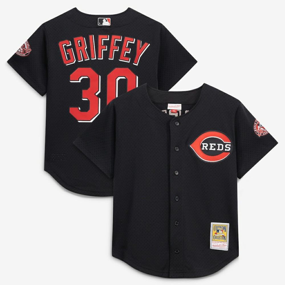 Ken Griffey Jr. Cincinnati Reds Cooperstown Collection Mesh Batting Practice Button-Up Jersey - Black | Mitchell & Ness