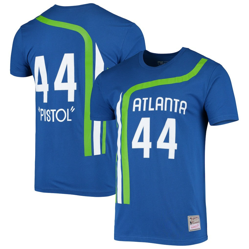 Pete Maravich Atlanta Hawks Hardwood Classics Stitch Name & Number T-Shirt - Blue | Mitchell & Ness discount