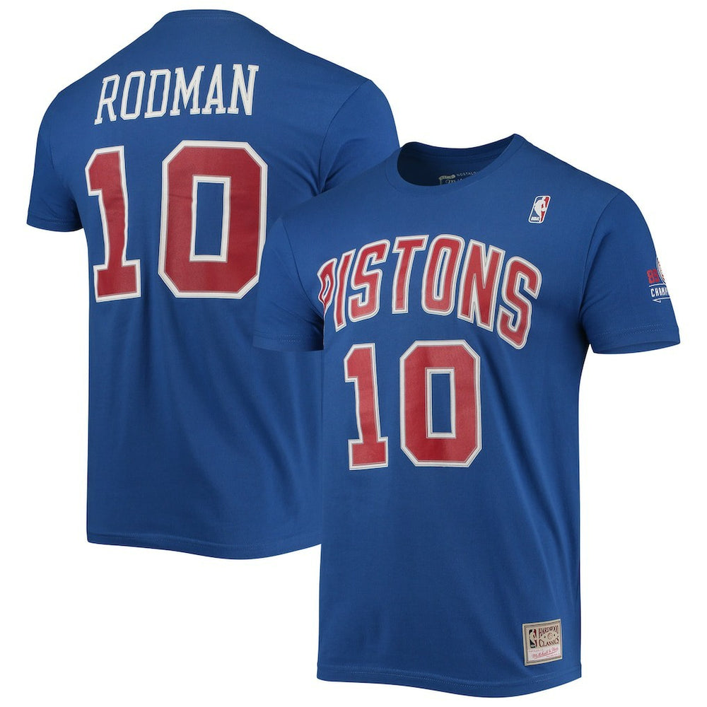 Dennis Rodman Detroit Pistons Hardwood Classics Stitch Name & Number T-Shirt sale - Blue | Mitchell & Ness online