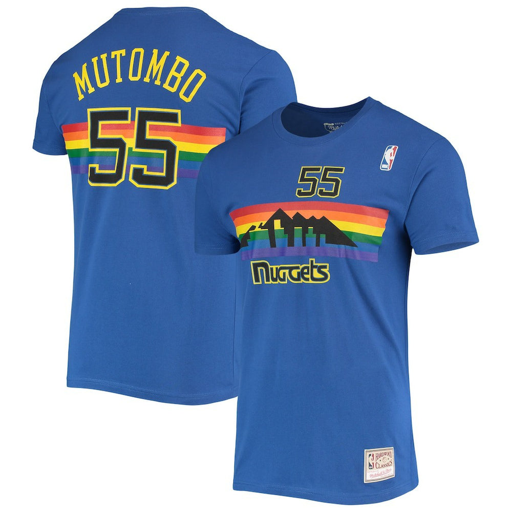Dikembe Mutombo Denver Nuggets Hardwood Classics Stitch Name & Number T-Shirt sale - Royal | Mitchell & Ness cheap