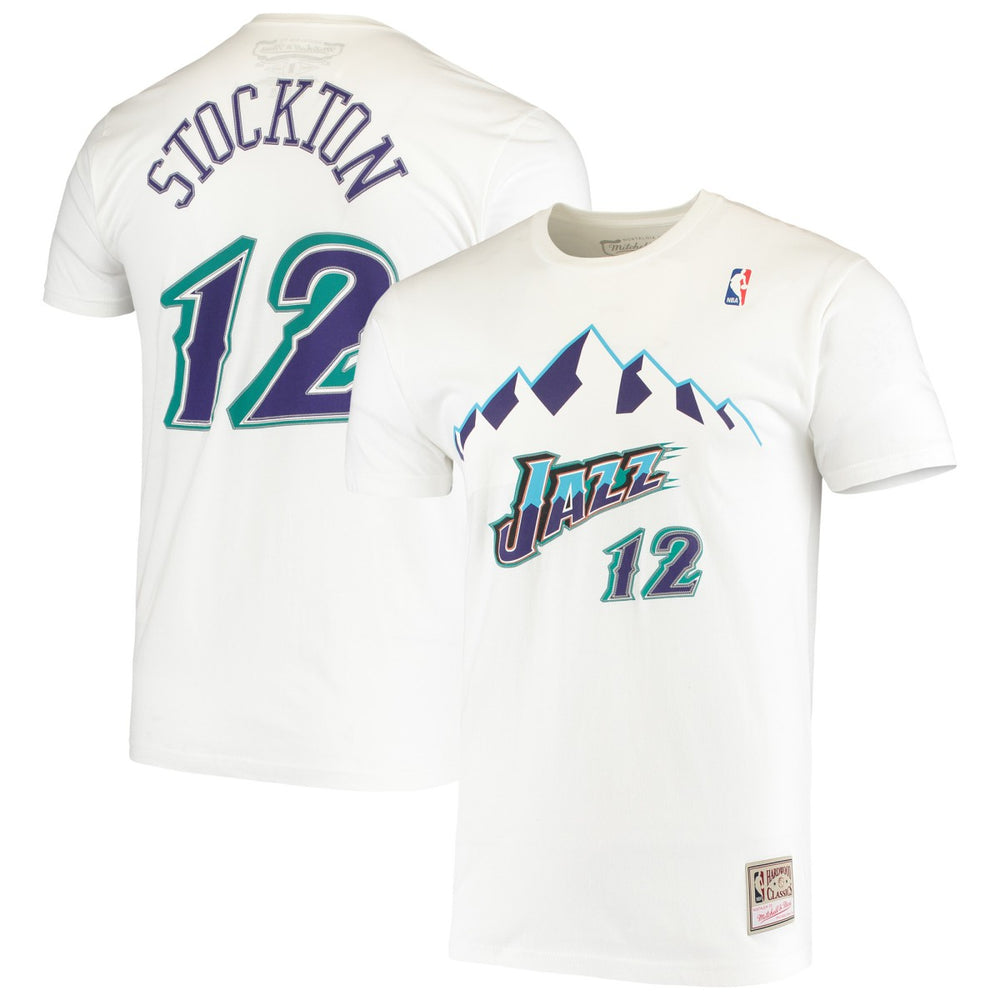John Stockton Utah Jazz Hardwood Classics Stitch Name & Number T-Shirt - White | Mitchell & Ness discount