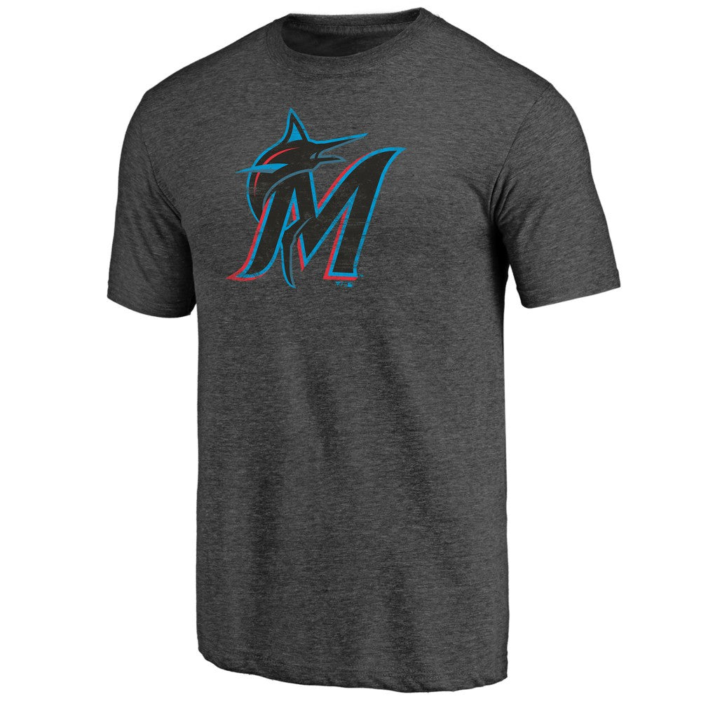 Miami Marlins Weathered Official Logo Tri-Blend T-Shirt - Charcoal