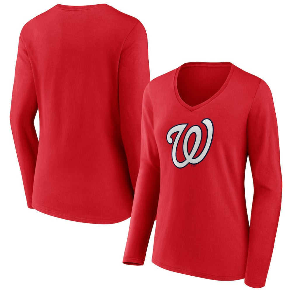 Washington Nationals Women's Official Logo Long Sleeve V-Neck T-Shirt - Red