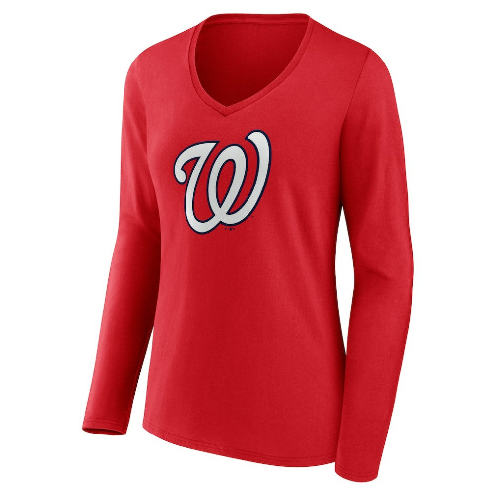 Washington Nationals Women's Official Logo Long Sleeve V-Neck T-Shirt - Red