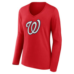 Washington Nationals Women's Official Logo Long Sleeve V-Neck T-Shirt - Red