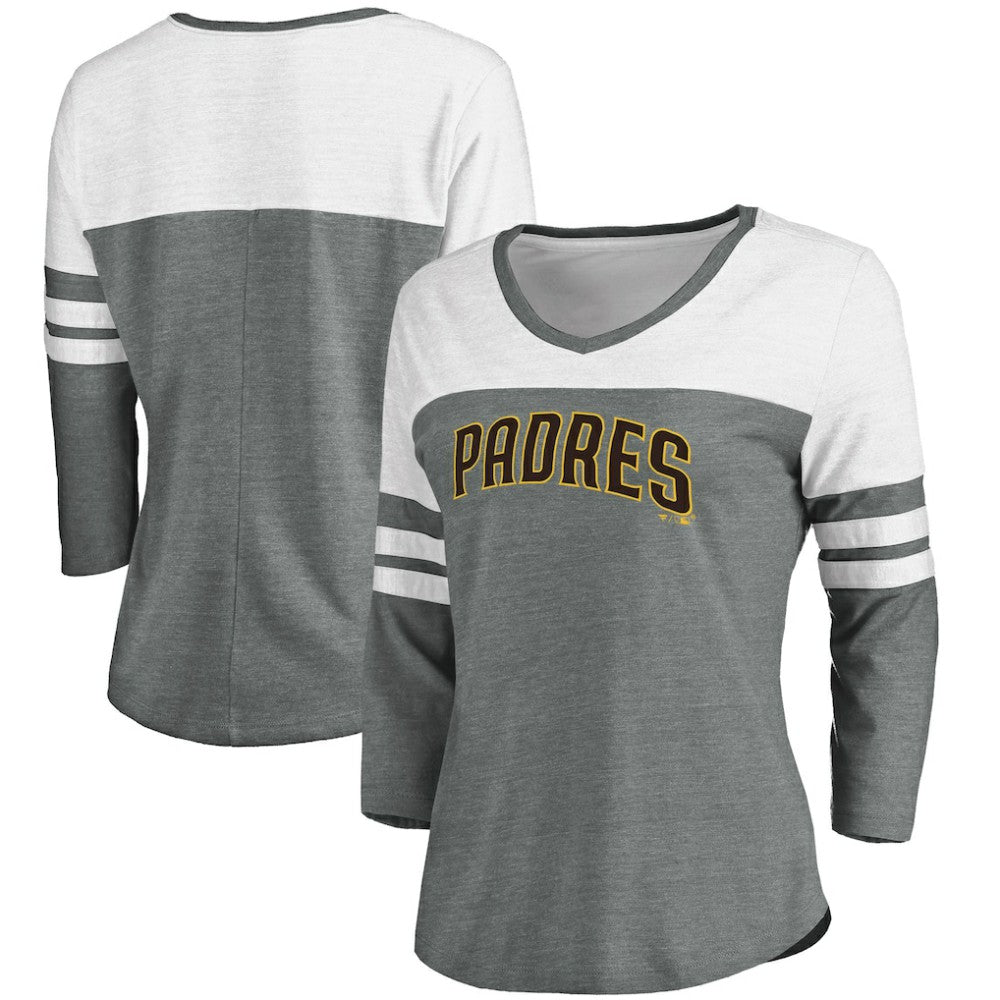 San Diego Padres Women's Official Wordmark 3/4 Sleeve V-Neck T-Shirt - Heathered Gray/White