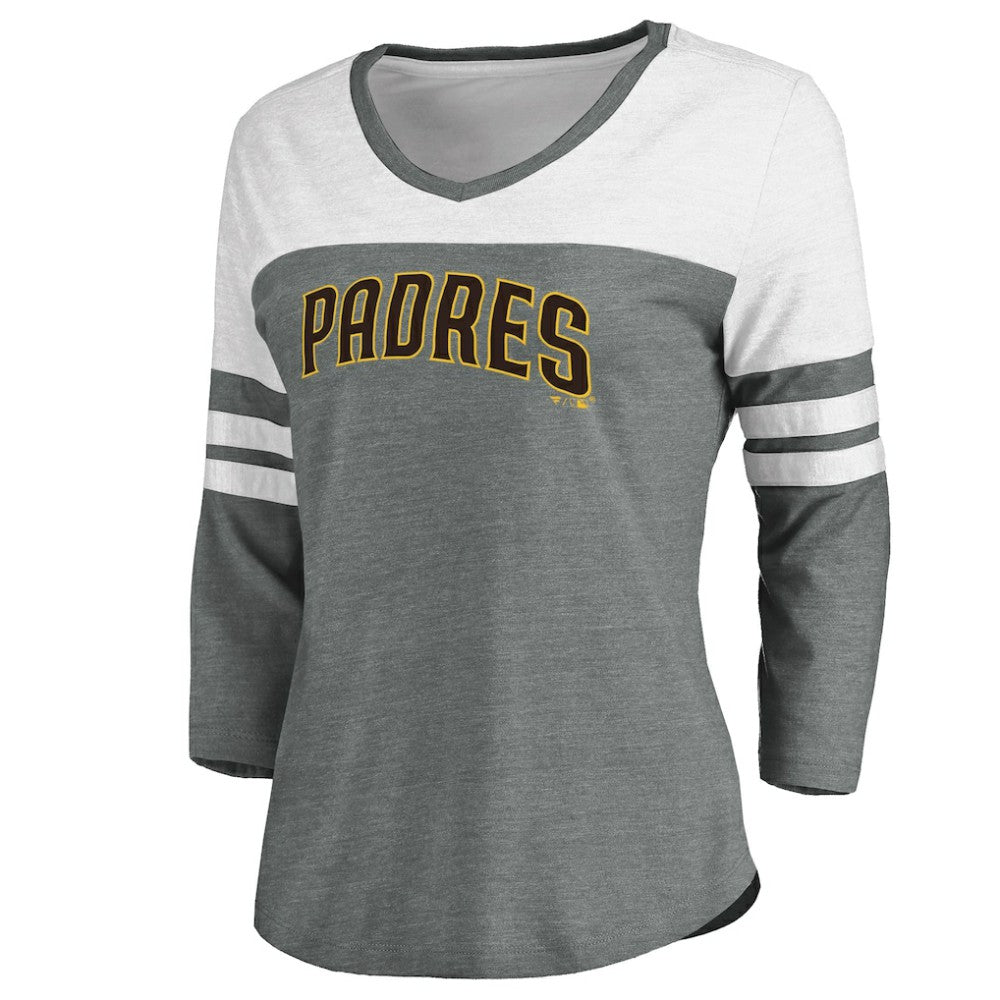 San Diego Padres Women's Official Wordmark 3/4 Sleeve V-Neck T-Shirt - Heathered Gray/White