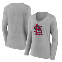 St. Louis Cardinals Women's Core Official Logo Long Sleeve V-Neck T-Shirt - Heather Gray
