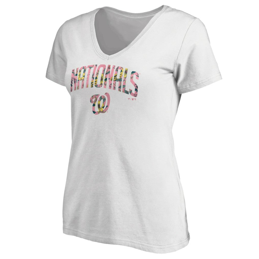 Washington Nationals Women's Floral Arched Logo V-Neck T-Shirt - White