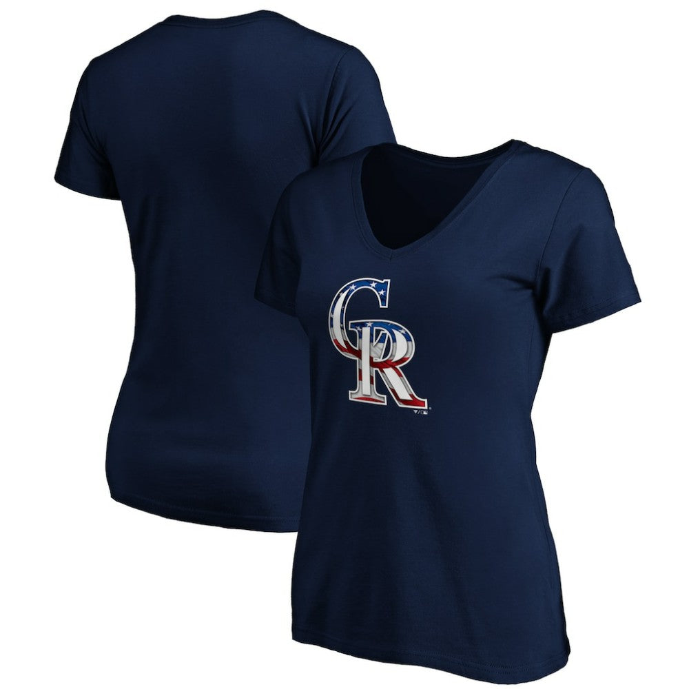 Colorado Rockies Logo Women's Banner Wave V-Neck T-Shirt - Navy