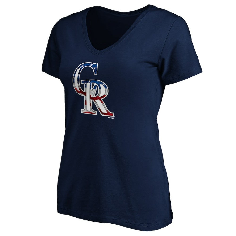 Colorado Rockies Logo Women's Banner Wave V-Neck T-Shirt - Navy