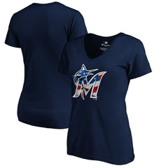 Miami Marlins Logo Women's Banner Wave V-Neck T-Shirt - Navy