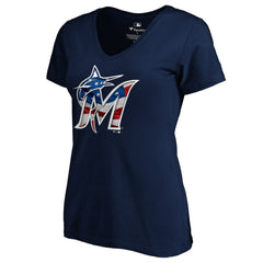 Miami Marlins Logo Women's Banner Wave V-Neck T-Shirt - Navy