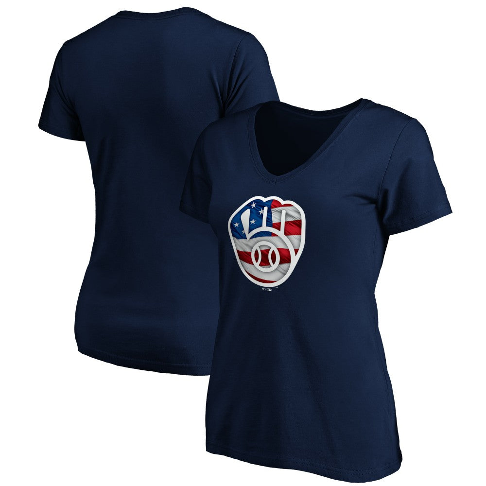 Milwaukee Brewers Logo Women's Banner Wave V-Neck T-Shirt - Navy