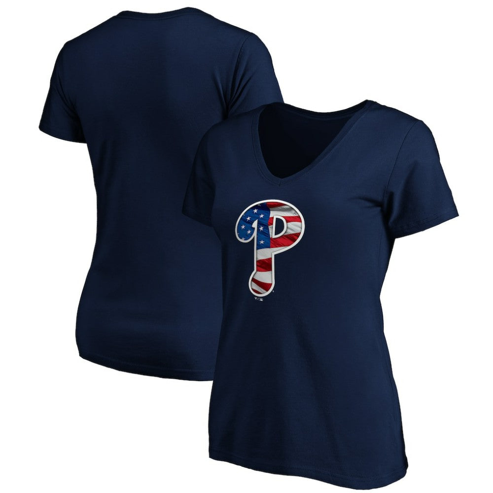 Philadelphia Phillies Logo Women's Banner Wave V-Neck T-Shirt - Navy