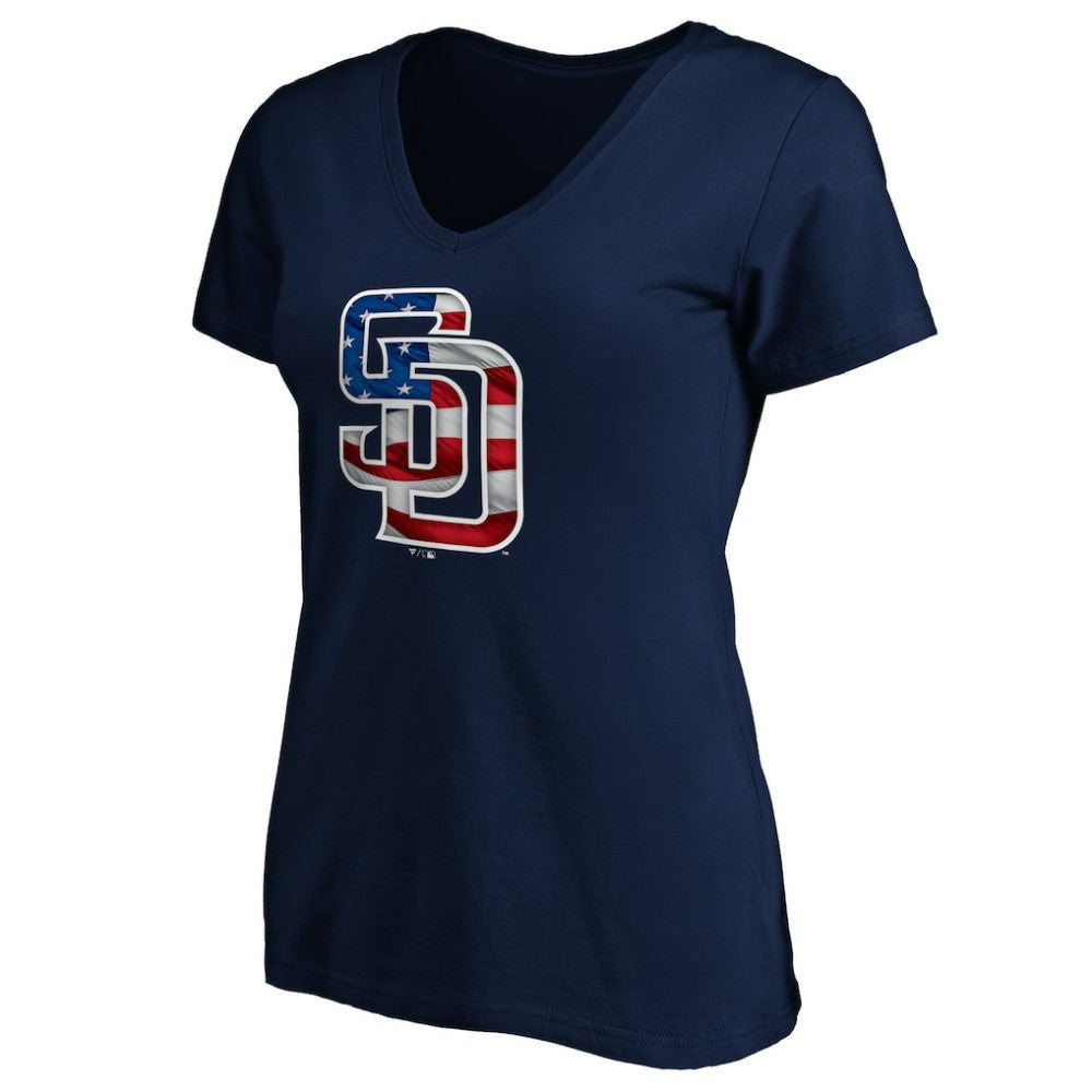 San Diego Padres Logo Women's Banner Wave V-Neck T-Shirt - Navy