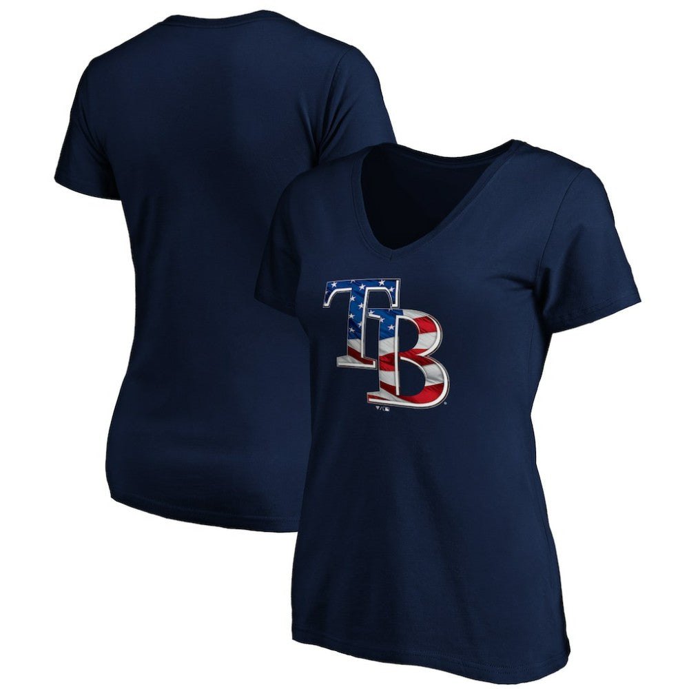 Tampa Bay Rays Logo Women's Banner Wave V-Neck T-Shirt - Navy