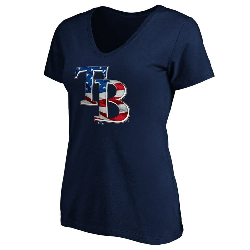Tampa Bay Rays Logo Women's Banner Wave V-Neck T-Shirt - Navy