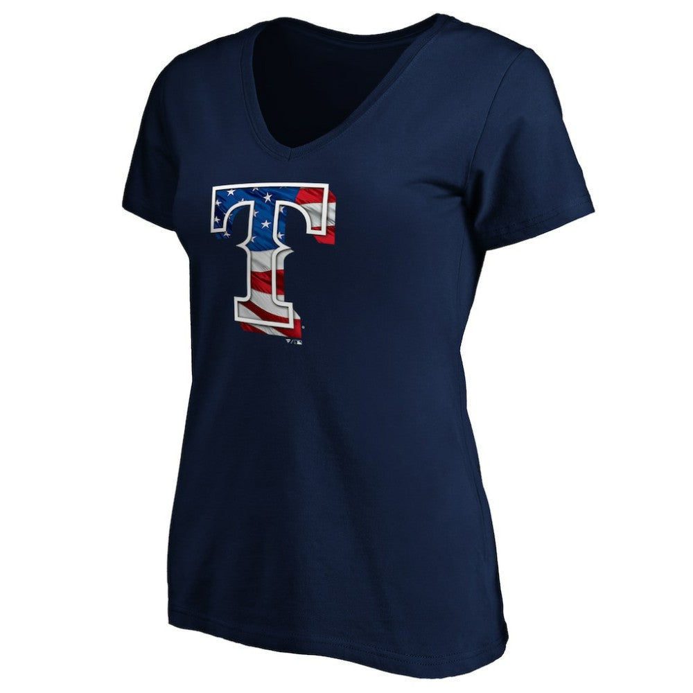 Texas Rangers Logo Women's Banner Wave V-Neck T-Shirt - Navy