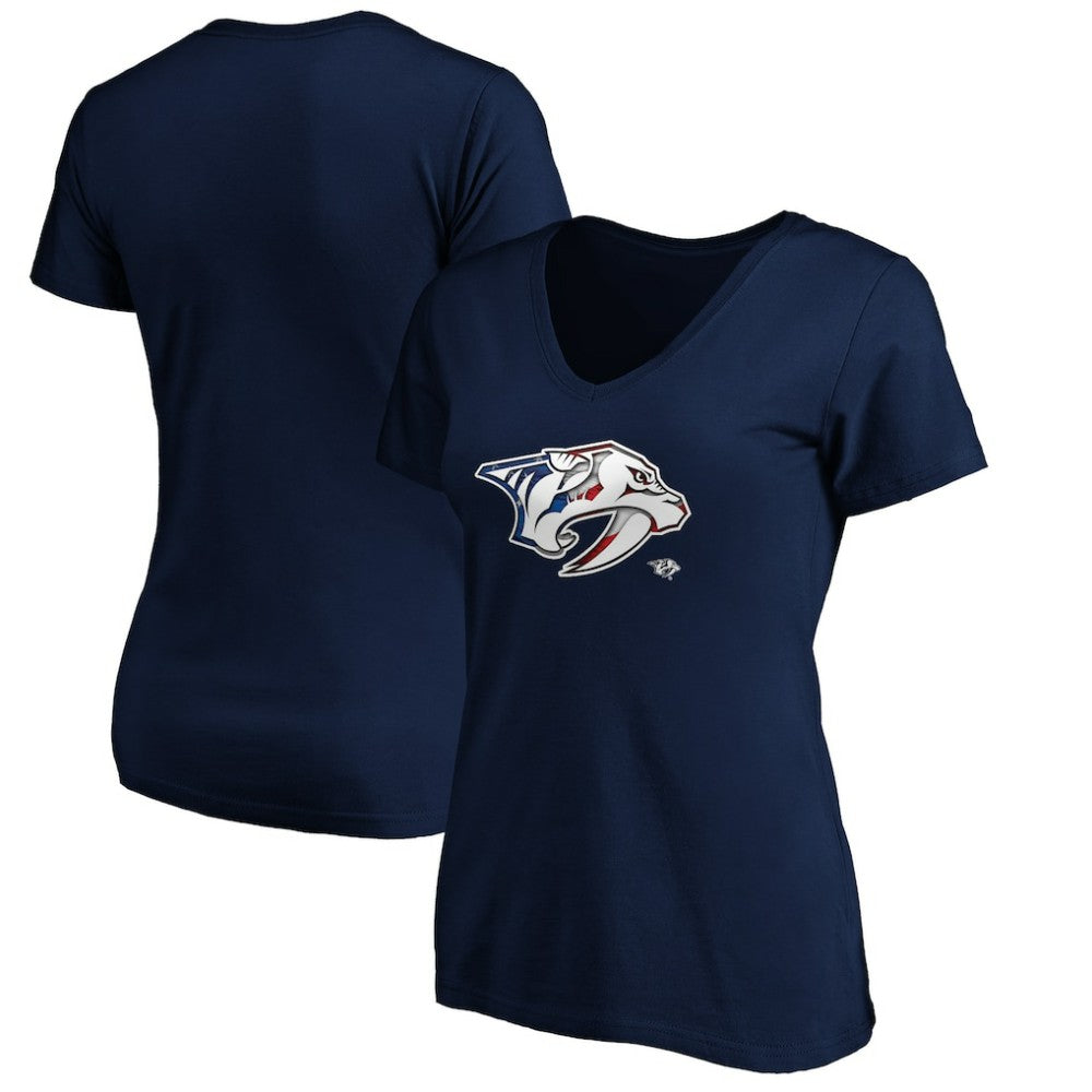 Nashville Predators Women's Banner Wave Logo V-Neck T-Shirt T-Shirt Navy