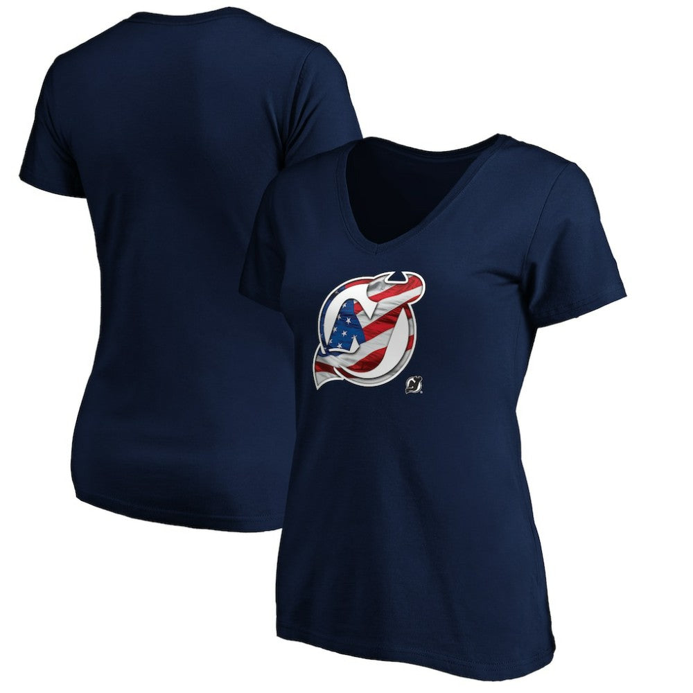 New Jersey Devils Women's Banner Wave Logo V-Neck T-Shirt T-Shirt Navy