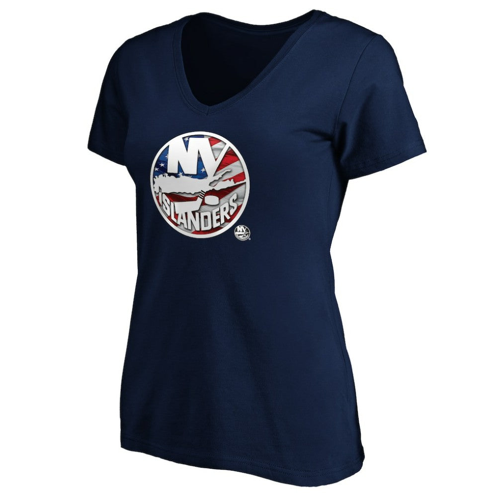 New York Islanders Women's Banner Wave Logo V-Neck T-Shirt T-Shirt Navy