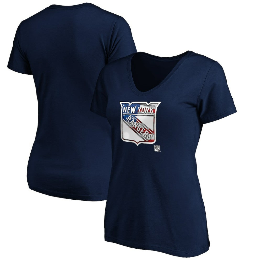 New York Rangers Women's Banner Wave Logo V-Neck T-Shirt T-Shirt Navy