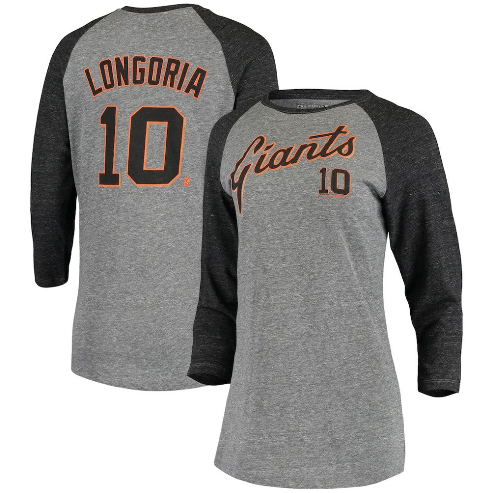 Evan Longoria San Francisco Giants 5th & Ocean by Women's Script Name & Number Raglan Tri-Blend 3/4-Sleeve T-Shirt - Gray | New Era