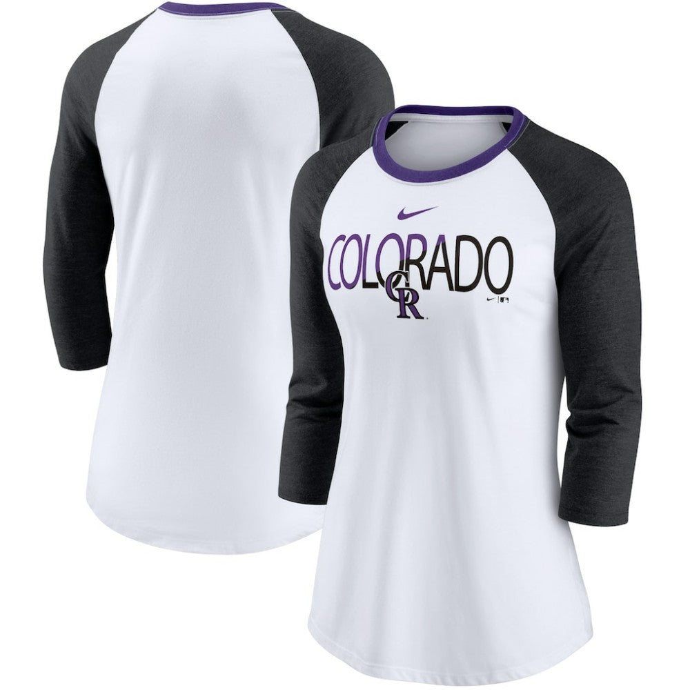 Colorado Rockies Women's Color Split Tri-Blend 3/4-Sleeve Raglan T-Shirt - White/Heathered Black | Nike