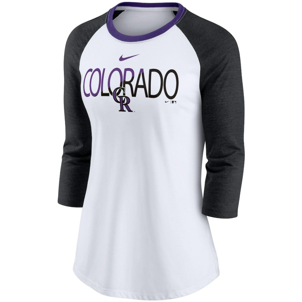 Colorado Rockies Women's Color Split Tri-Blend 3/4-Sleeve Raglan T-Shirt - White/Heathered Black | Nike