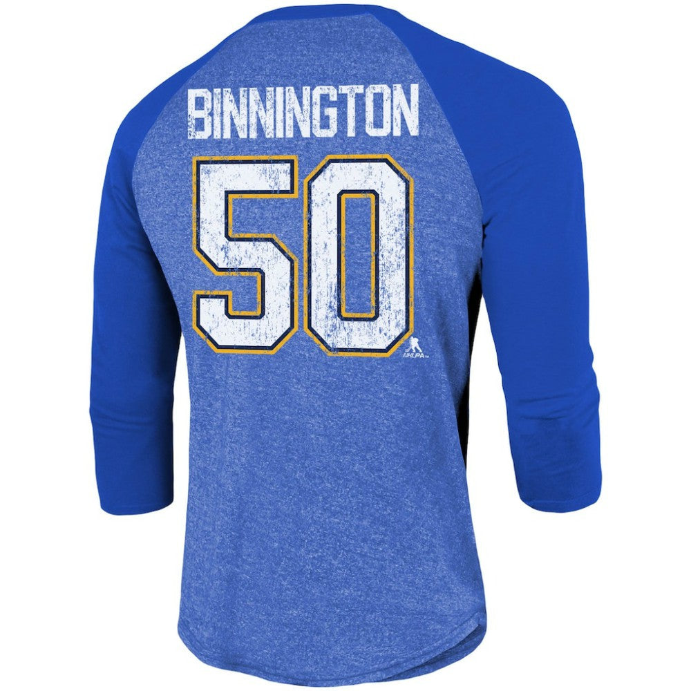 Jordan Binnington St. Louis Blues Fanatics Name & Number Tri-Blend Raglan 3/4-Sleeve T-Shirt Blue