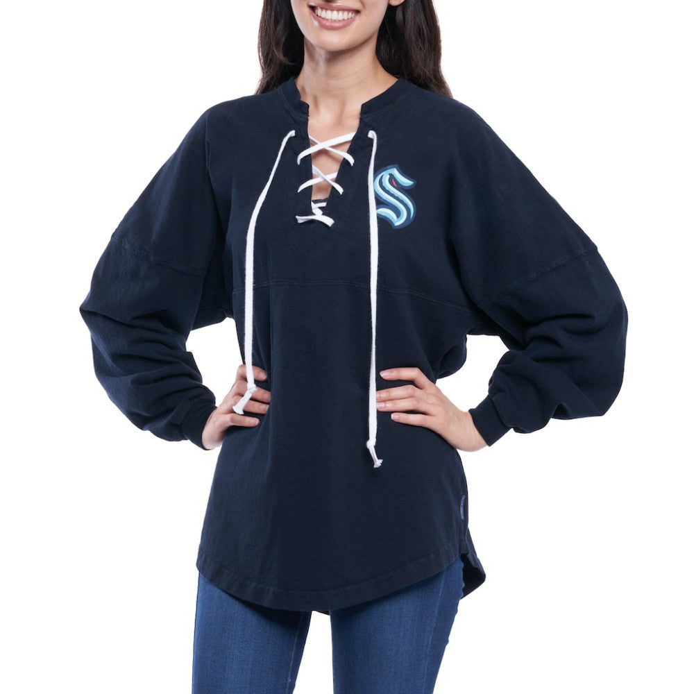 Seattle Kraken Fanatics Women's Lace Up Long Sleeve Spirit Top Navy