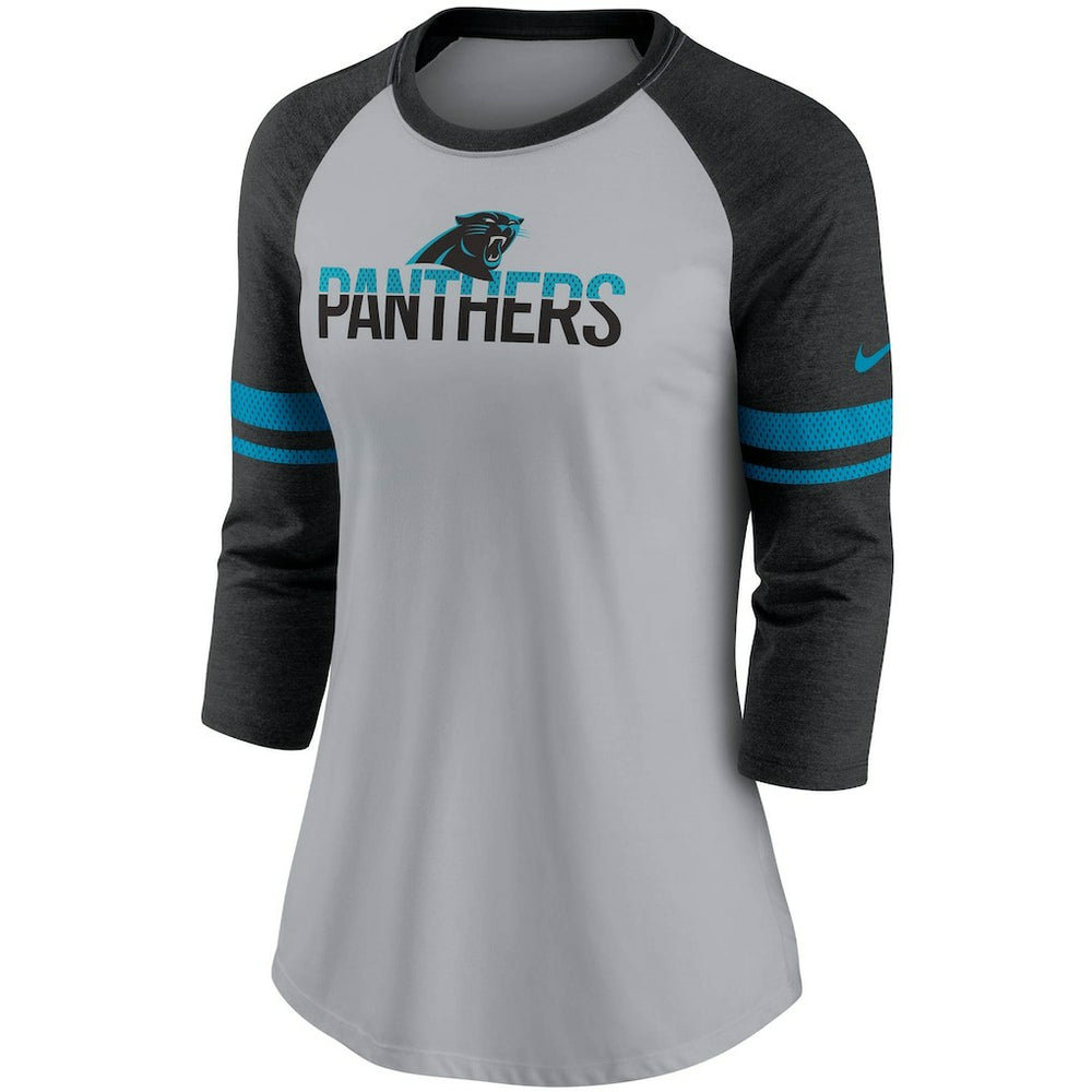 Carolina Panthers Women's Stripe Mesh Nickname Tri-Blend 3/4-Sleeve T-Shirt - Heathered Gray/Black | Nike for sale