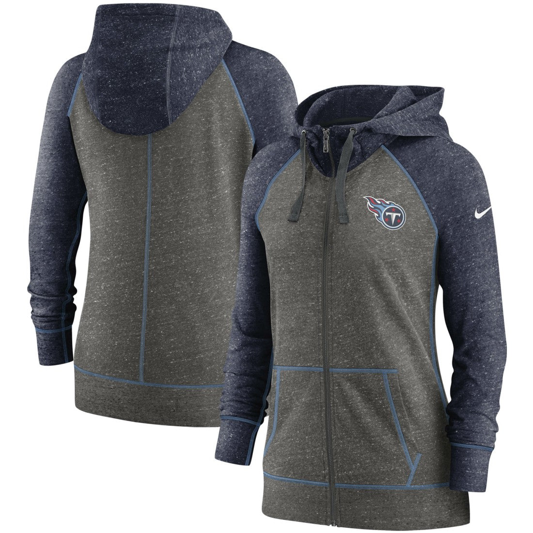 Tennessee Titans Women's Gym Vintage Raglan Full-Zip Hoodie - Heathered Charcoal/Navy | Nike on sale