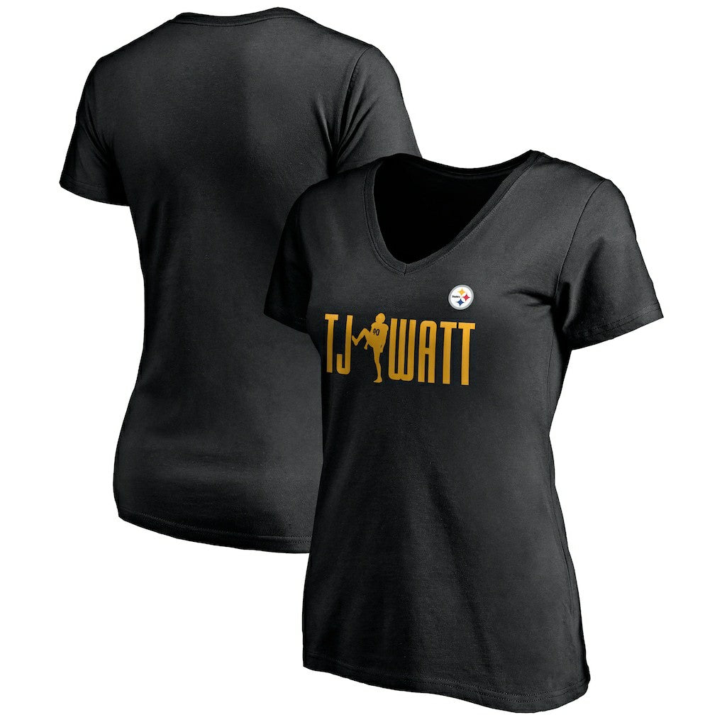 T.J. Watt Pittsburgh Steelers Women's Checkdown V-Neck T-Shirt - Black discount